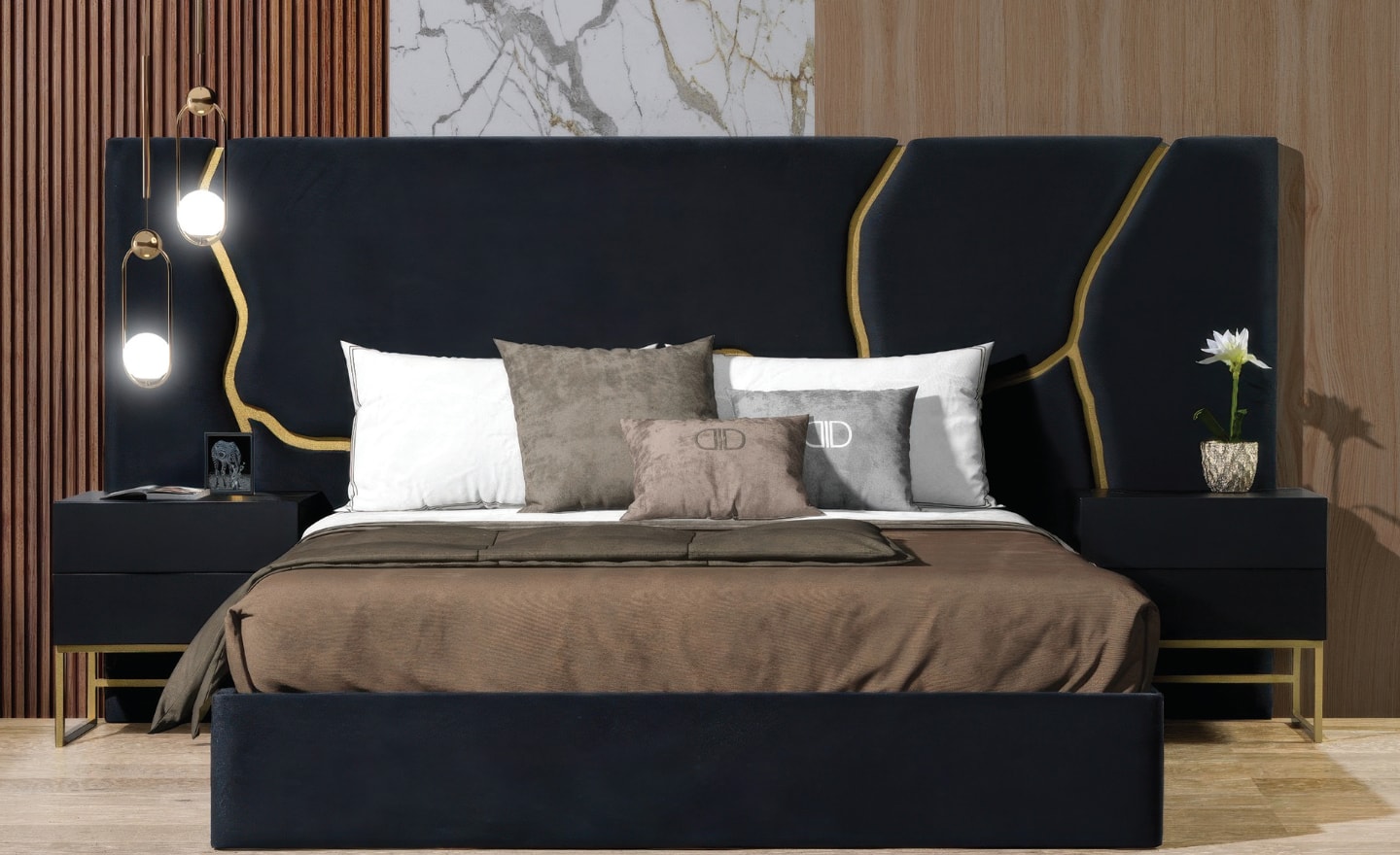 Cama de Casal Versailles com cabeceira estofada e detalhes metálicos