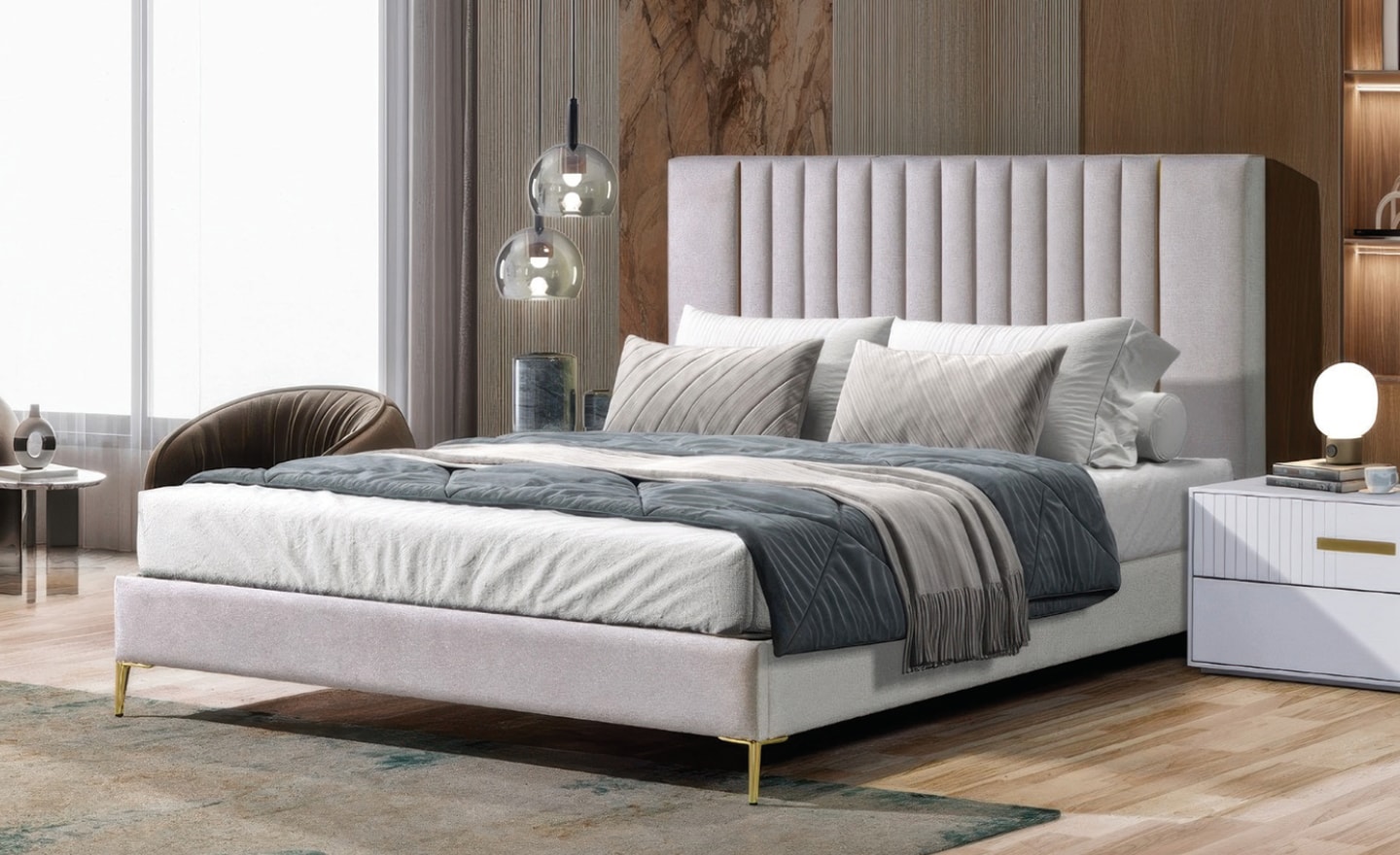 Cama de Casal Verticalis com cabeceira estofada e pés metálicos | Moveistore