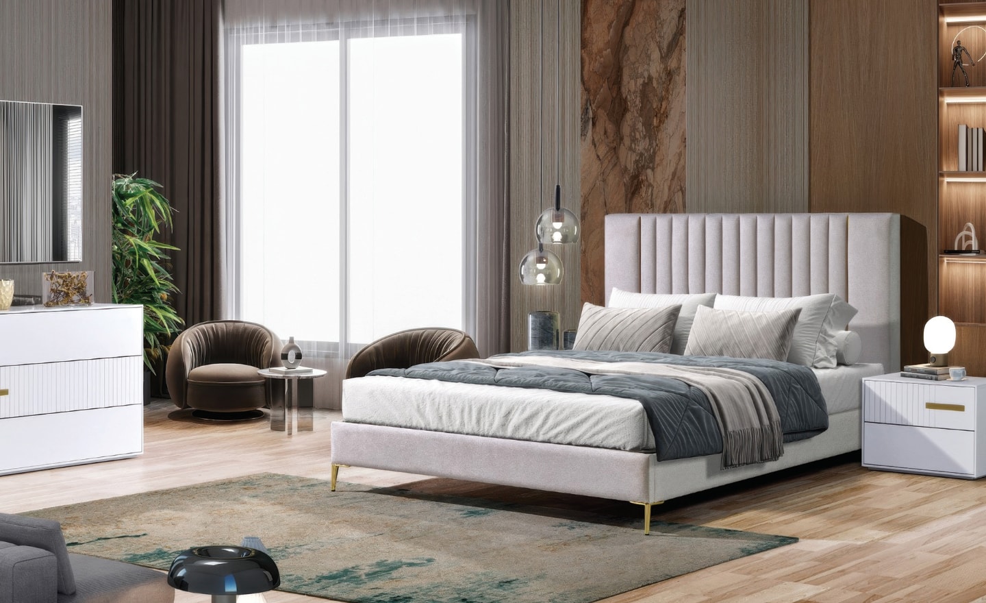 Cama de Casal Verticalis com cabeceira estofada e pés metálicos | Moveistore