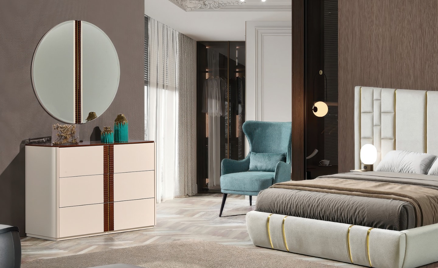 Cómoda Aurora Gold com acabamento lacado e detalhes metálicos verticais | Moveistore