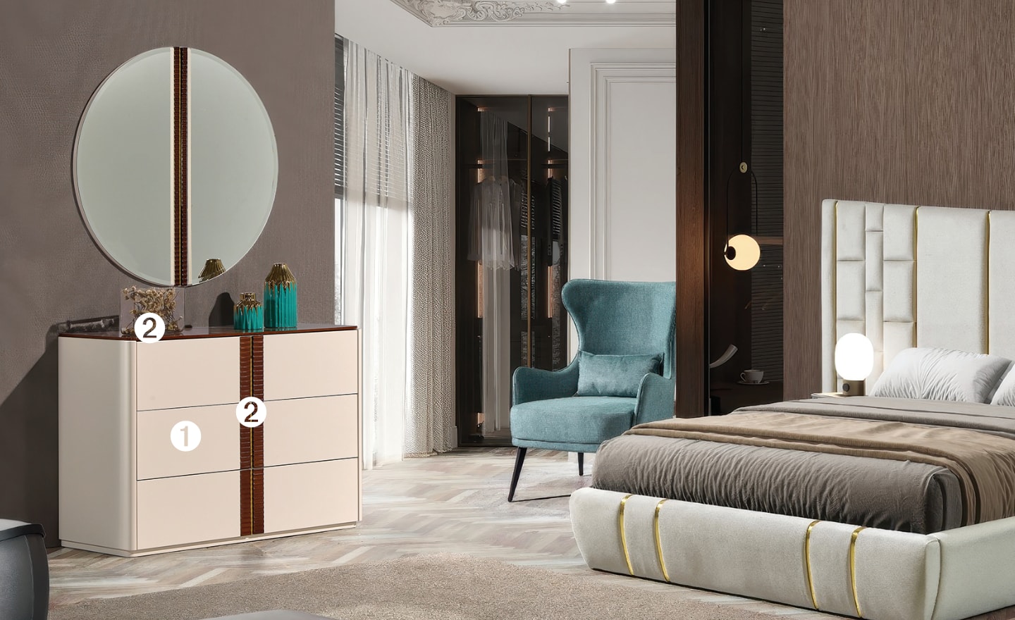 Cómoda Aurora Gold com acabamento lacado e detalhes metálicos verticais | Moveistore