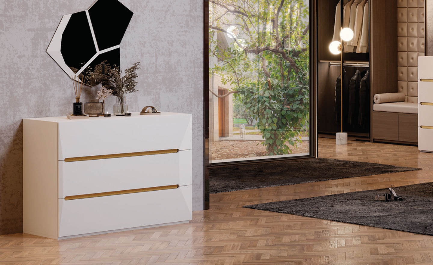 Cómoda Elegance Luxe com três gavetas e puxadores metálicos embutidos | Moveistore