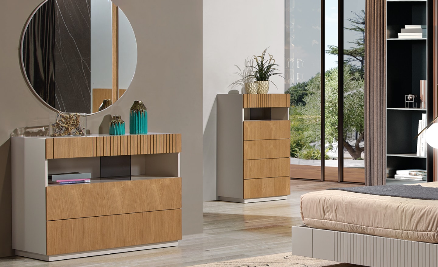 Cómoda Linea Wood com três gavetas e detalhe ripado em tons de madeira