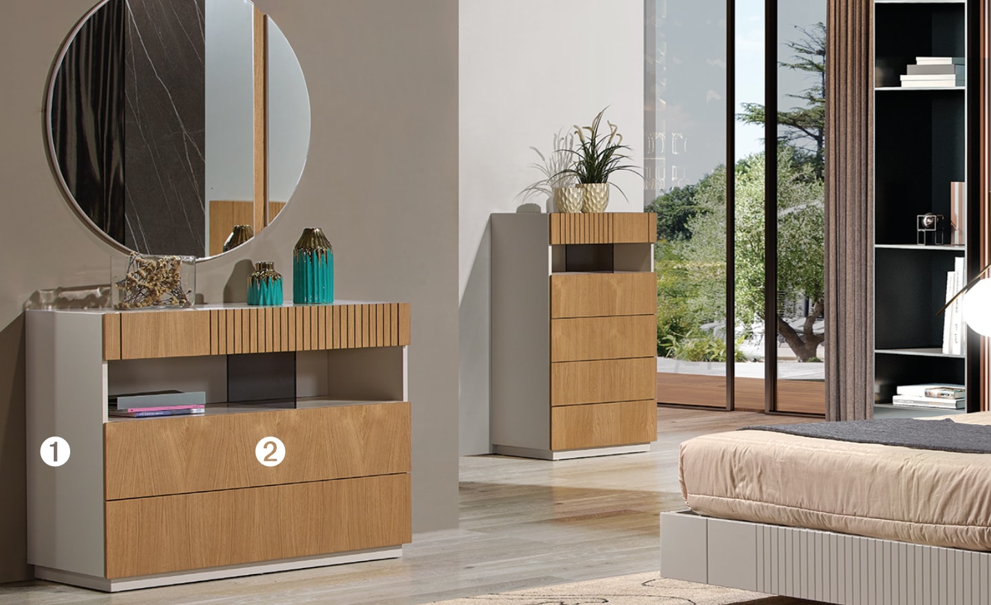 Cómoda Linea Wood com três gavetas e detalhe ripado em tons de madeira