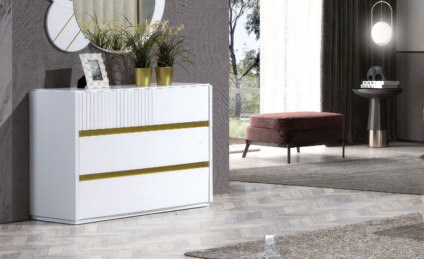 Cómoda Majestic Aura com acabamento lacado e detalhe metálico | Moveistore