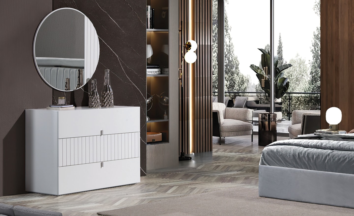 Cómoda Miraggio com frisos verticais e acabamento lacado