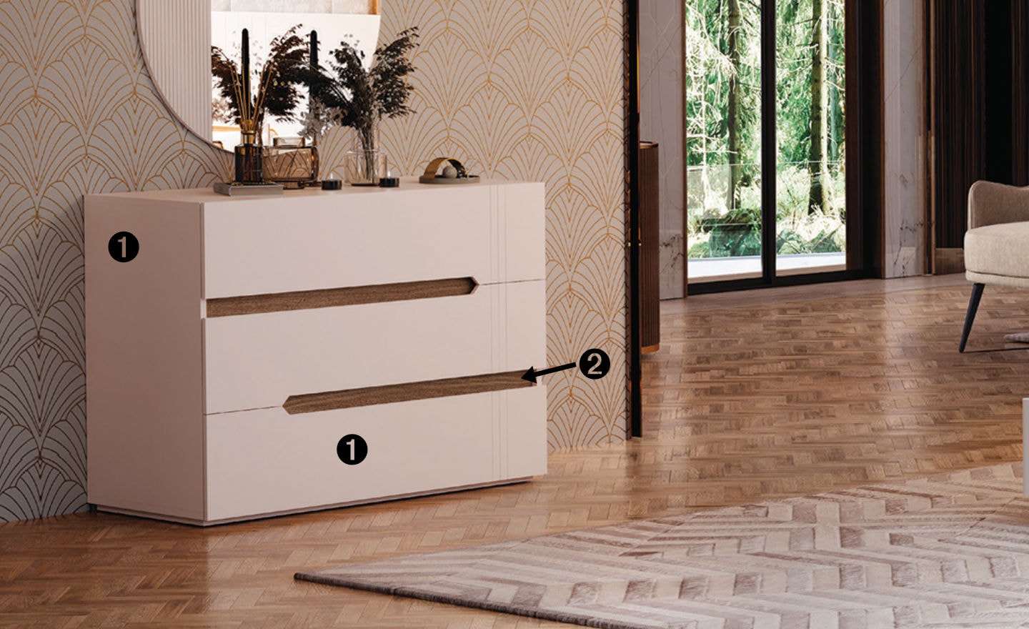 Cómoda Terra Nobre com três gavetas e puxadores embutidos em madeira | Moveistore