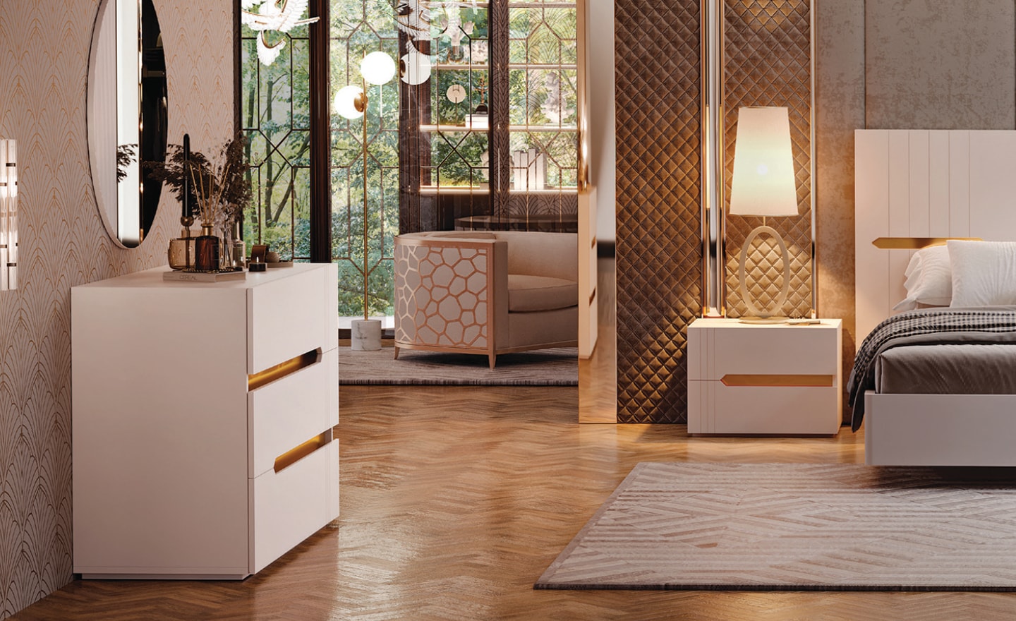 Cómoda Terra Nobre Dourado com 3 gavetas e detalhe metálico | Moveistore