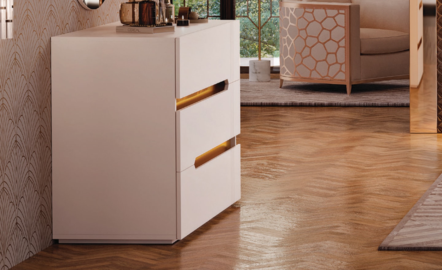 Cómoda Terra Nobre Dourado com 3 gavetas e detalhe metálico | Moveistore