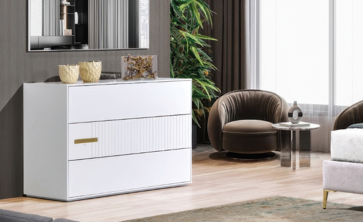 Cómoda Verticalis com três gavetas e puxador metálico em design minimalista | Moveistore