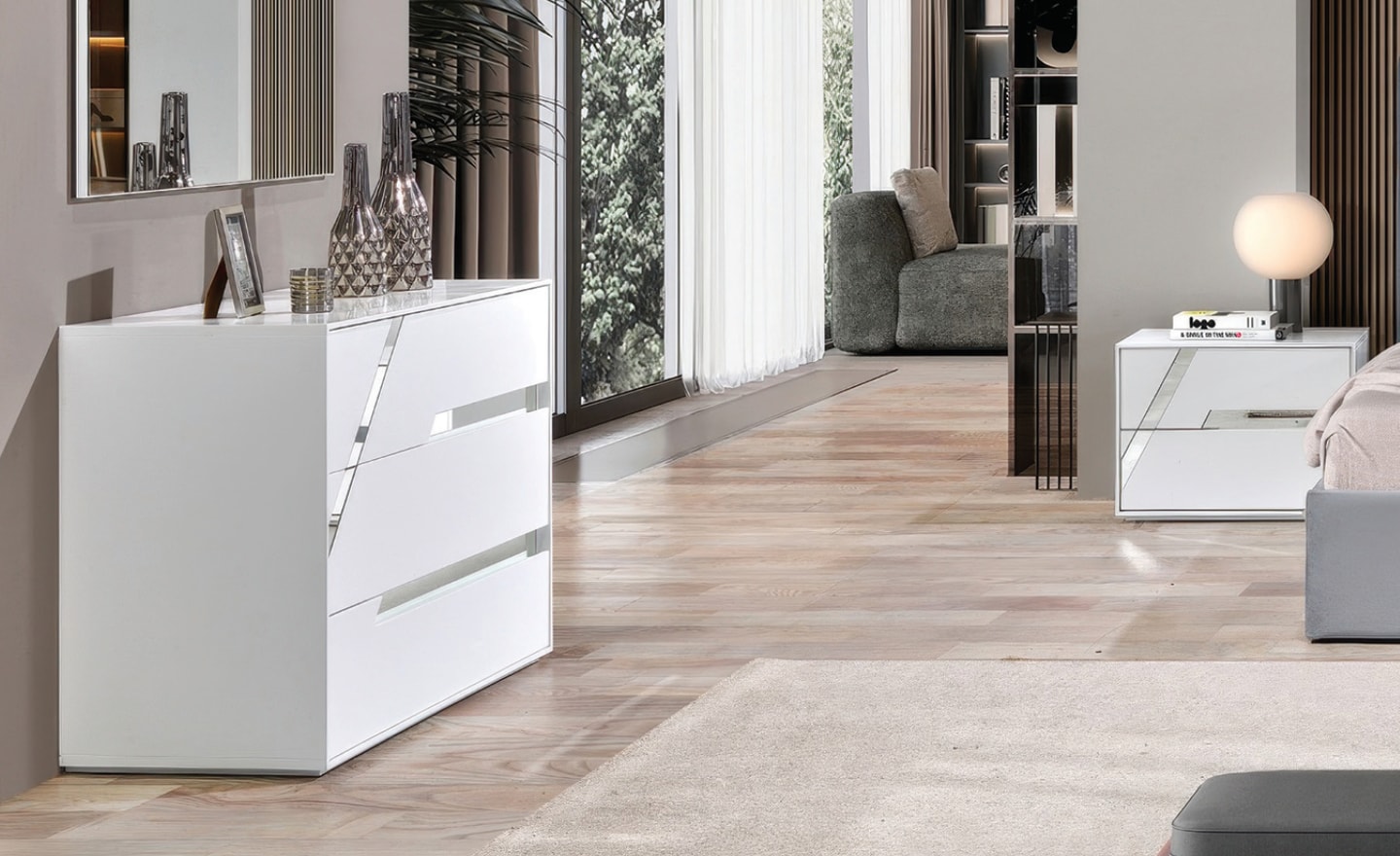 Cómoda Vértice com frentes diagonais e acabamento moderno