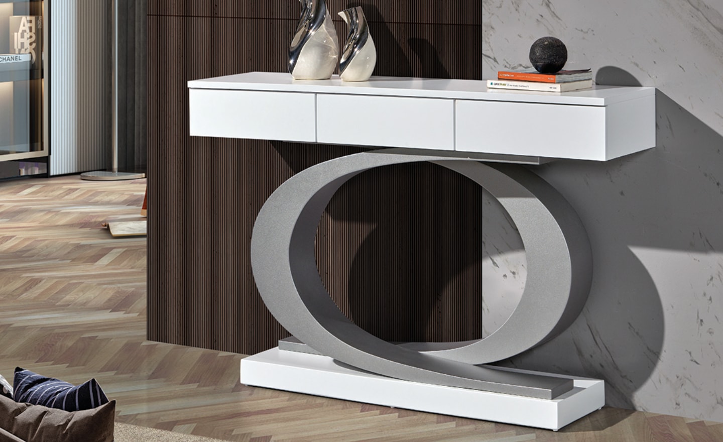 Consola Eclipse com design circular e três gavetas discretas