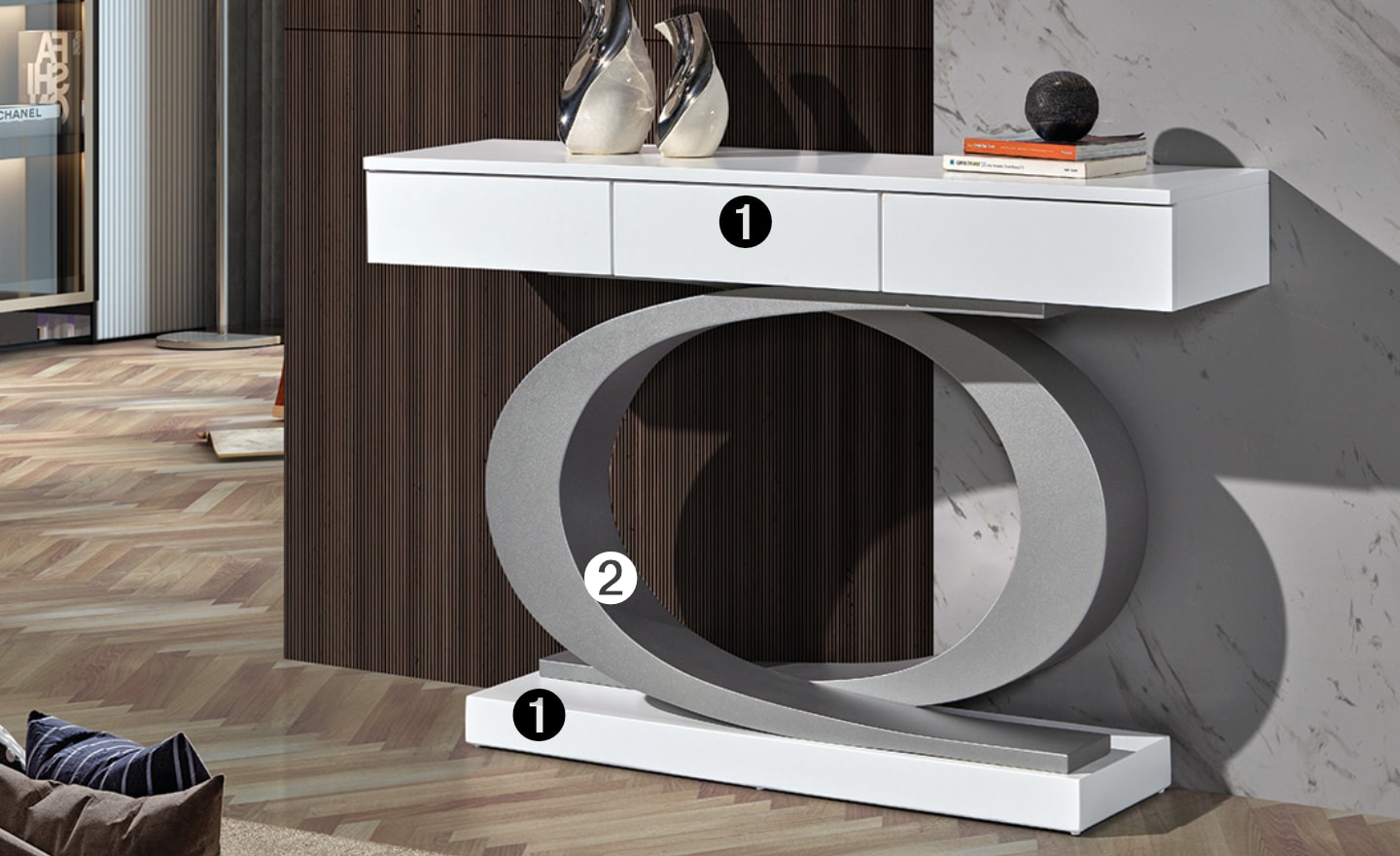 Consola Eclipse com design circular e três gavetas discretas