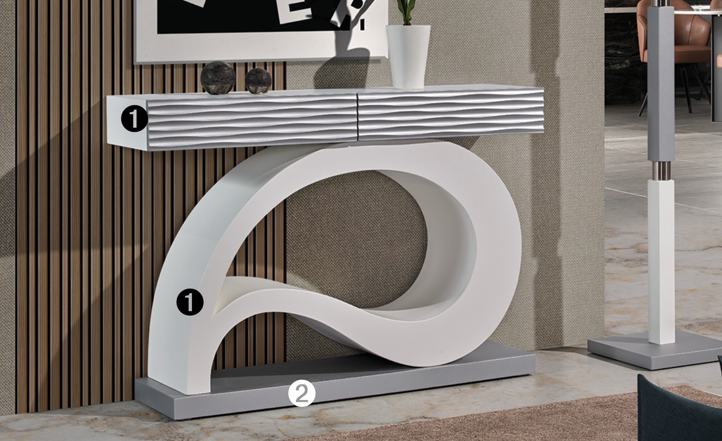 Consola Infinito com design curvo e gavetas texturizadas