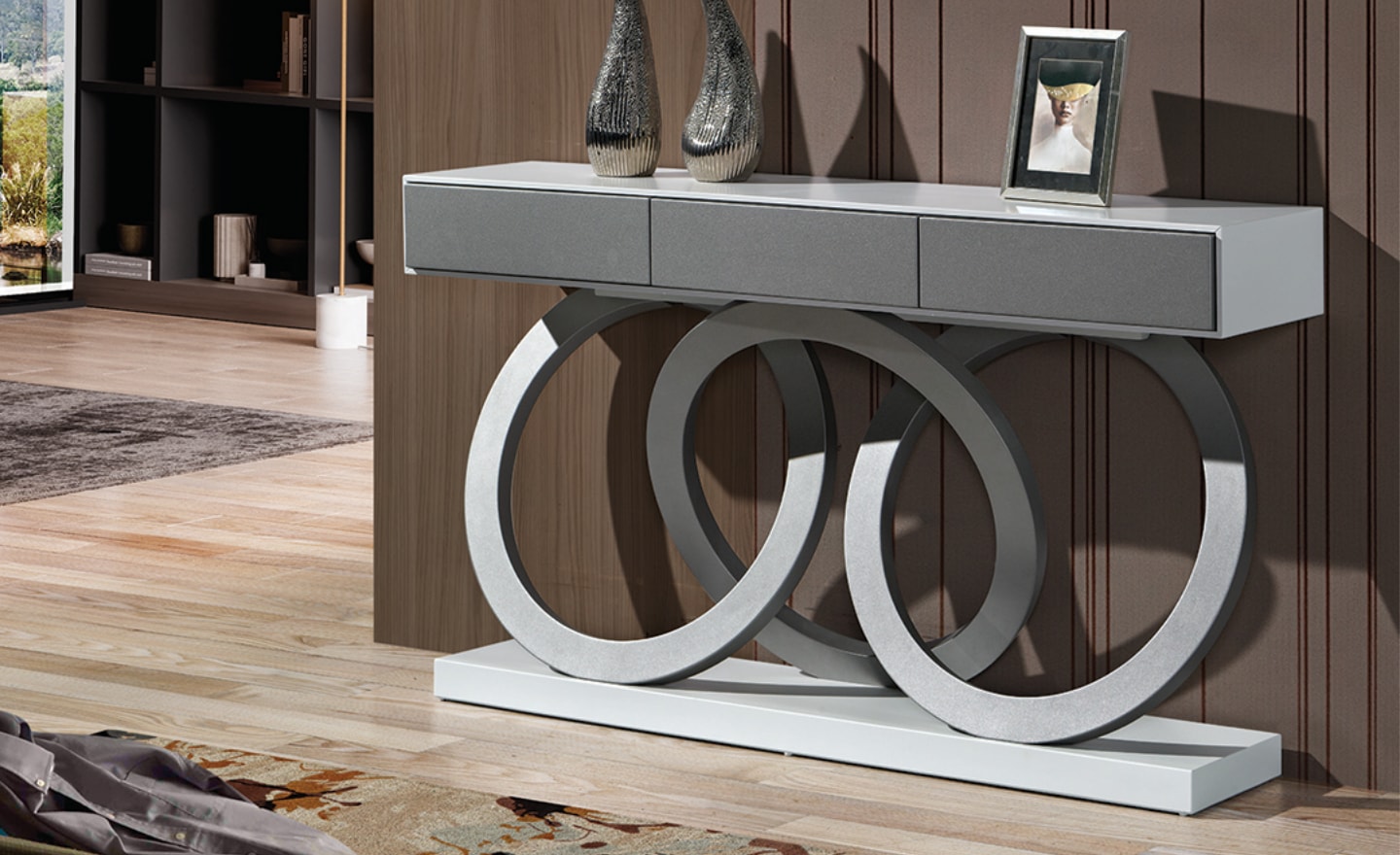 Consola Infinity Loop com pés em argolas entrelaçadas