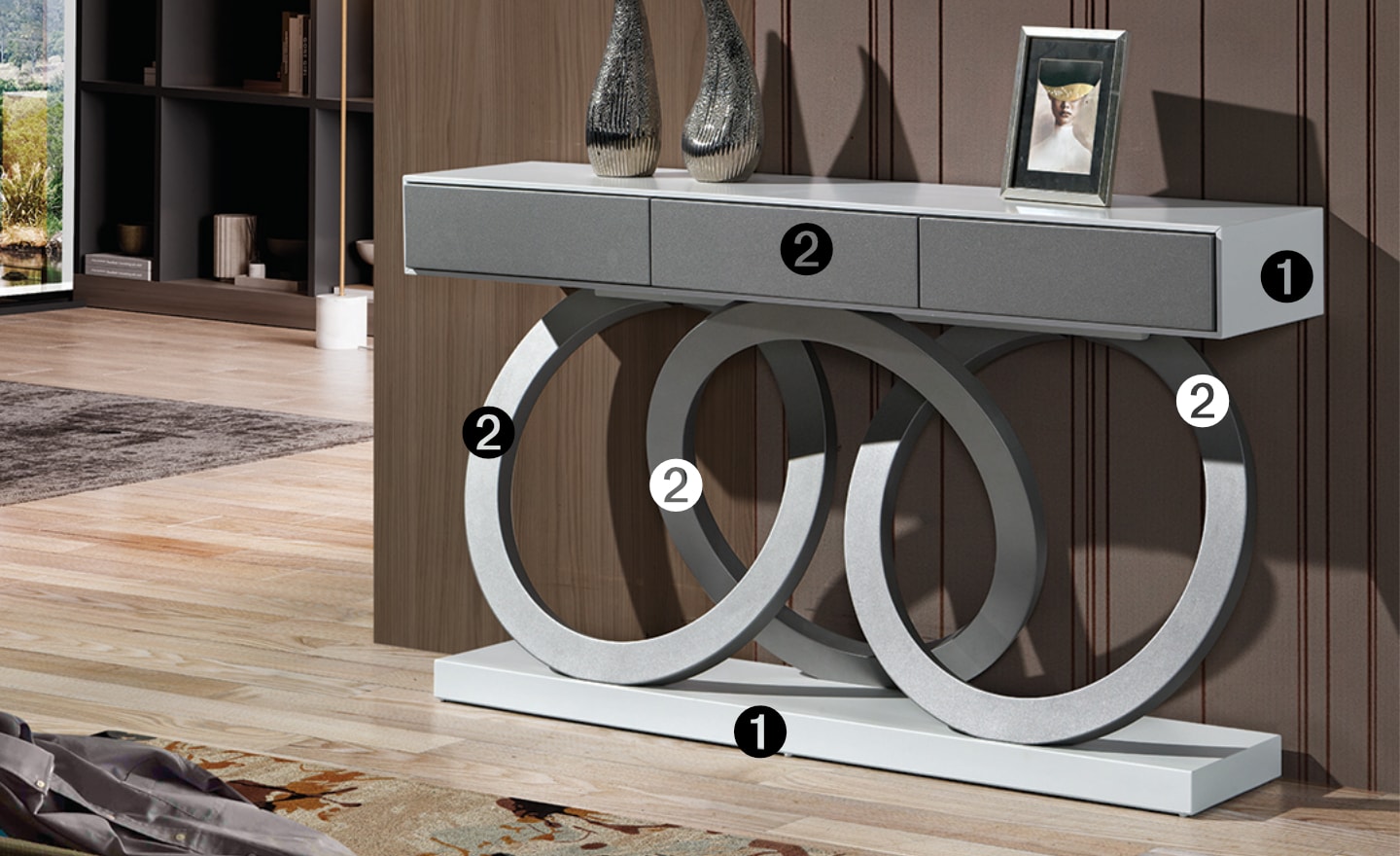 Consola Infinity Loop com pés em argolas entrelaçadas