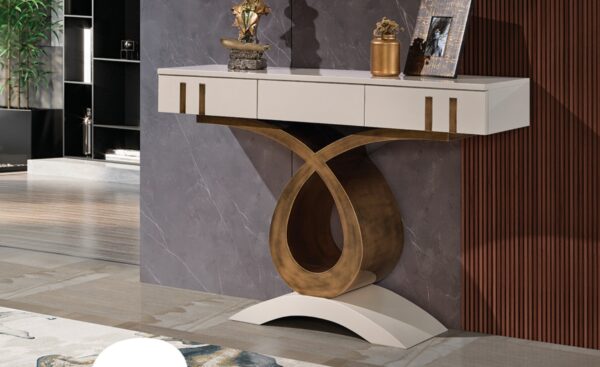 Consola Luxor Curve – Arte, Design e Sofisticação Consola Luxor Curve com base curva escultural e acabamento lacado