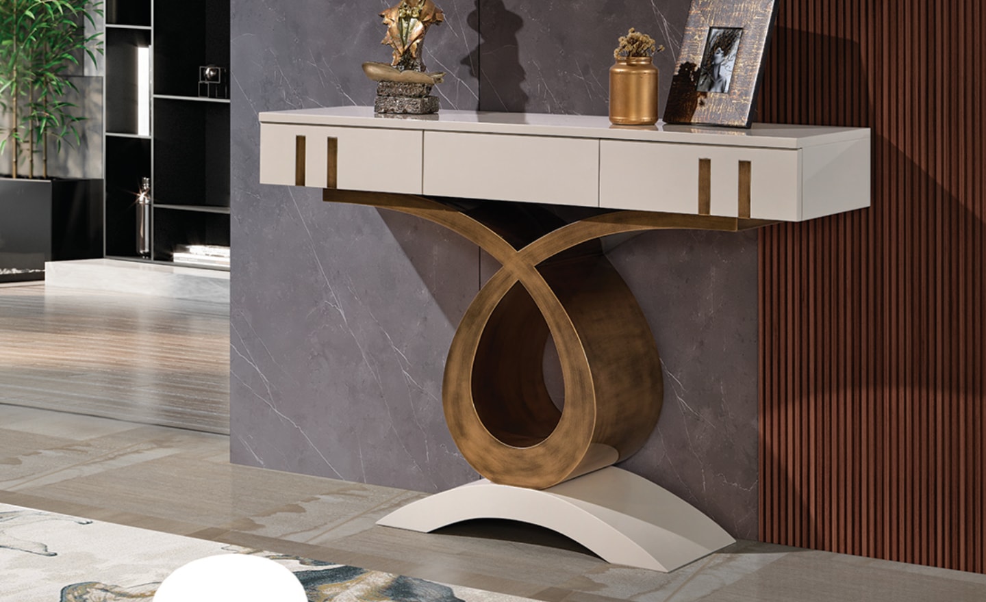 Consola Luxor Curve com base curva escultural e acabamento lacado