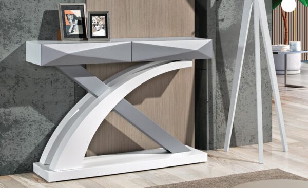 Consola Nexus com base em arcos cruzados e gavetas embutidas