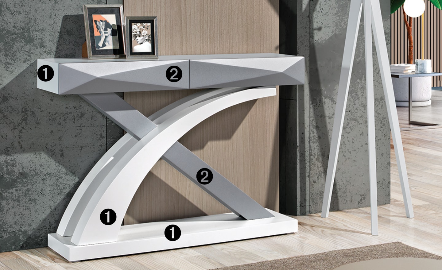 Consola Nexus com base em arcos cruzados e gavetas embutidas