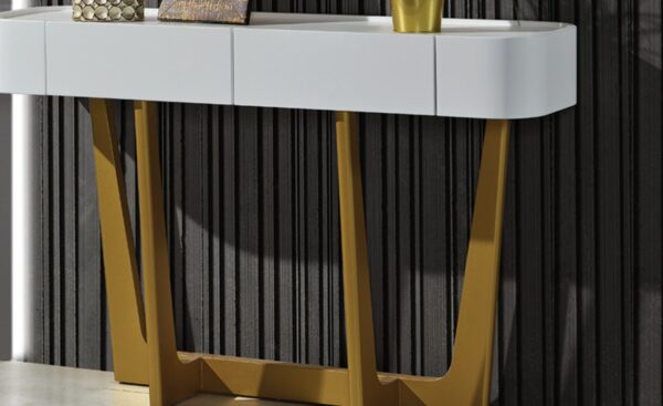 Consola Scala com tampo branco e base dourada em forma de V
