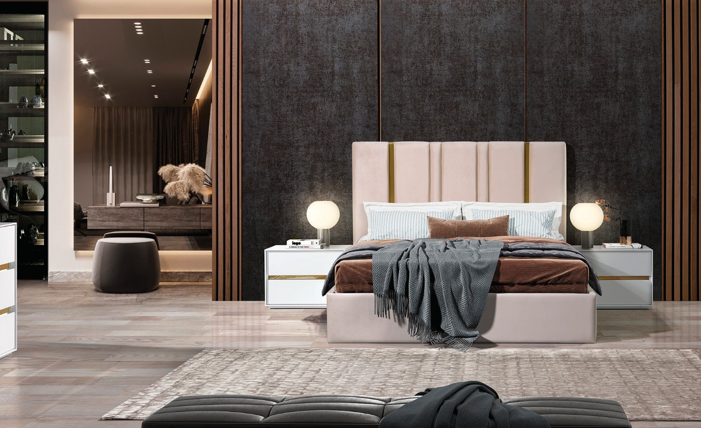 Quarto de Casal Aurelia com cabeceira estofada e móveis em MDF