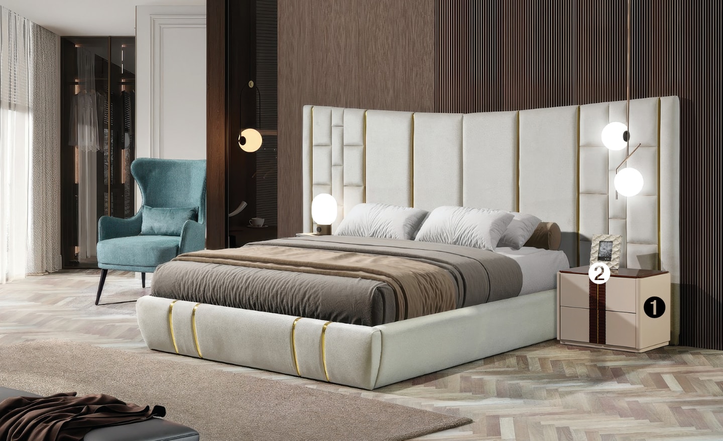 Quarto de Casal Aurora Gold com cabeceira estofada e detalhes metálicos | Moveistore