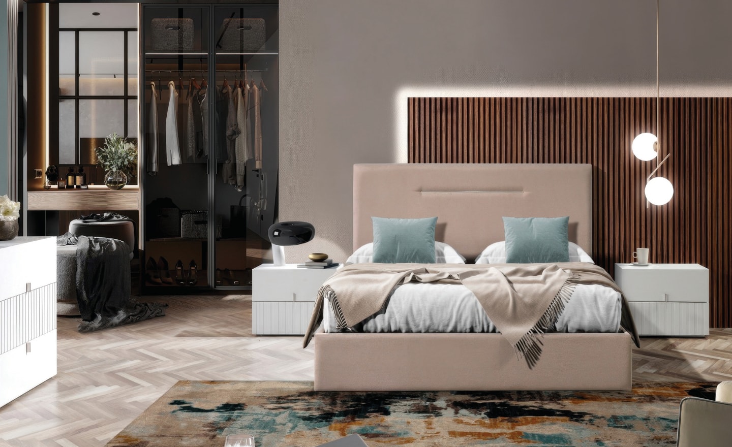 Quarto de Casal Essenza com cabeceira estofada e móveis ripados