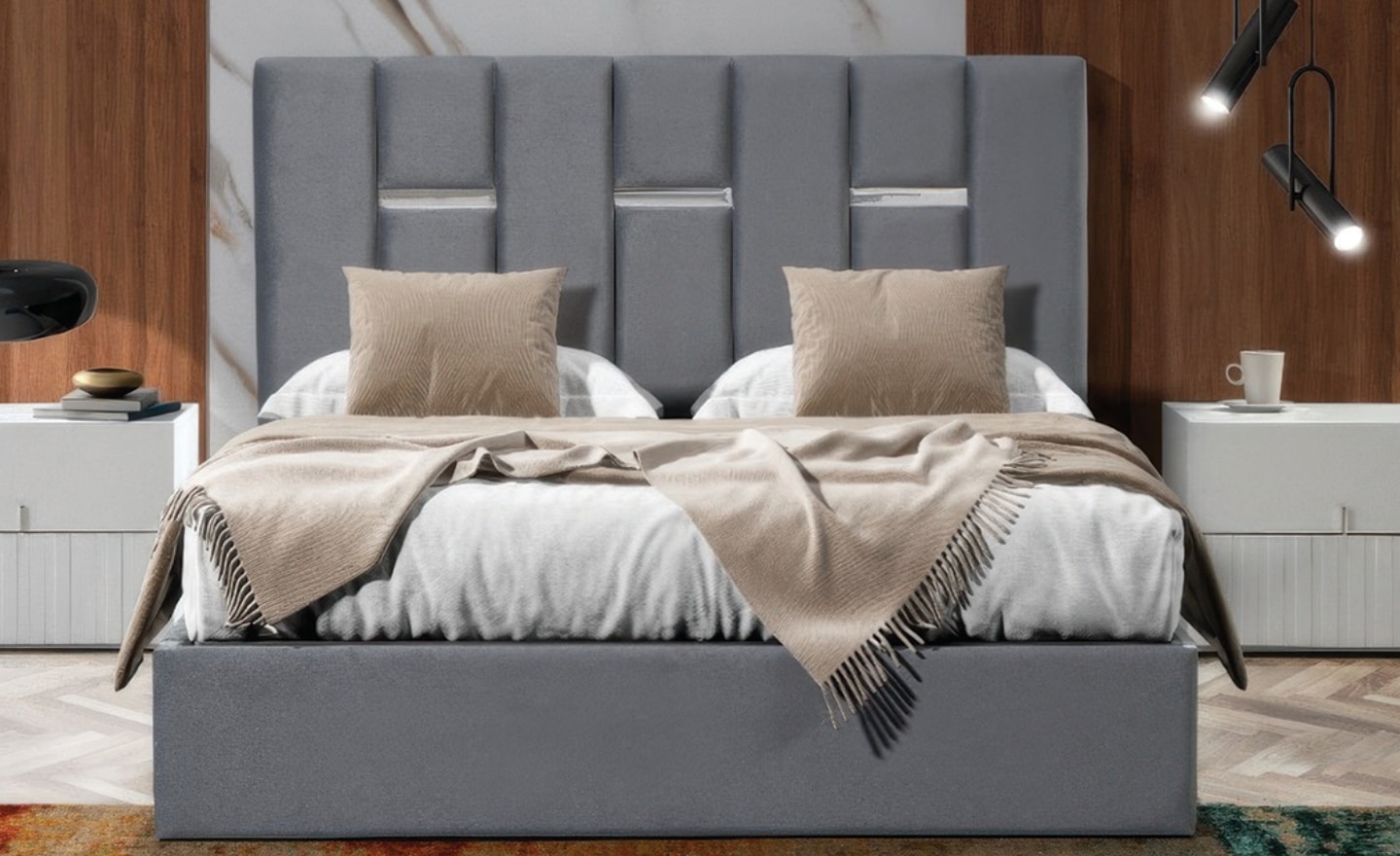 Quarto de Casal Estofado Aspen com cabeceira ampla e tecido suave