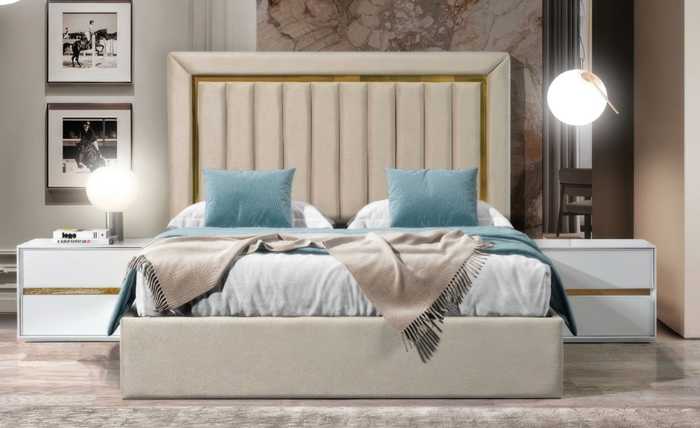 Quarto de Casal Glam com cabeceira estofada e detalhes metálicos