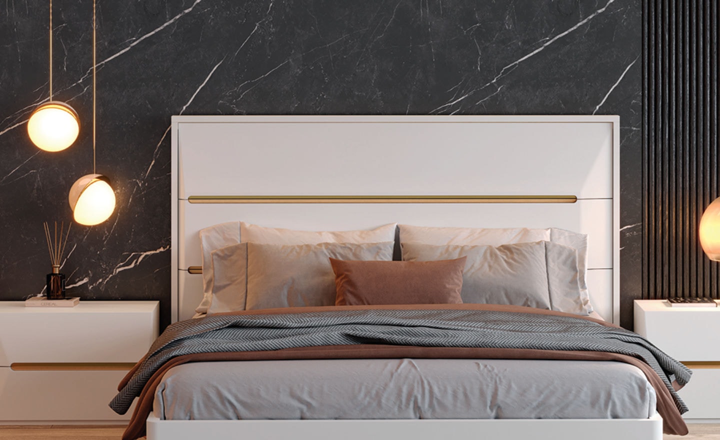 Quarto de Casal Skyline - design moderno e cabeceira com detalhes metálicos | Moveistore