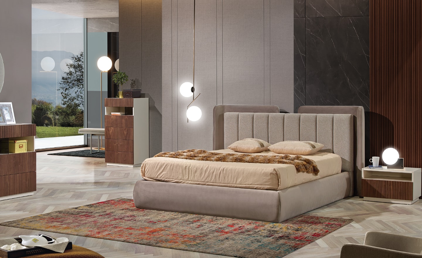 Quarto de Casal Linea Estofado com cabeceira acolchoada e estrutura em MDF