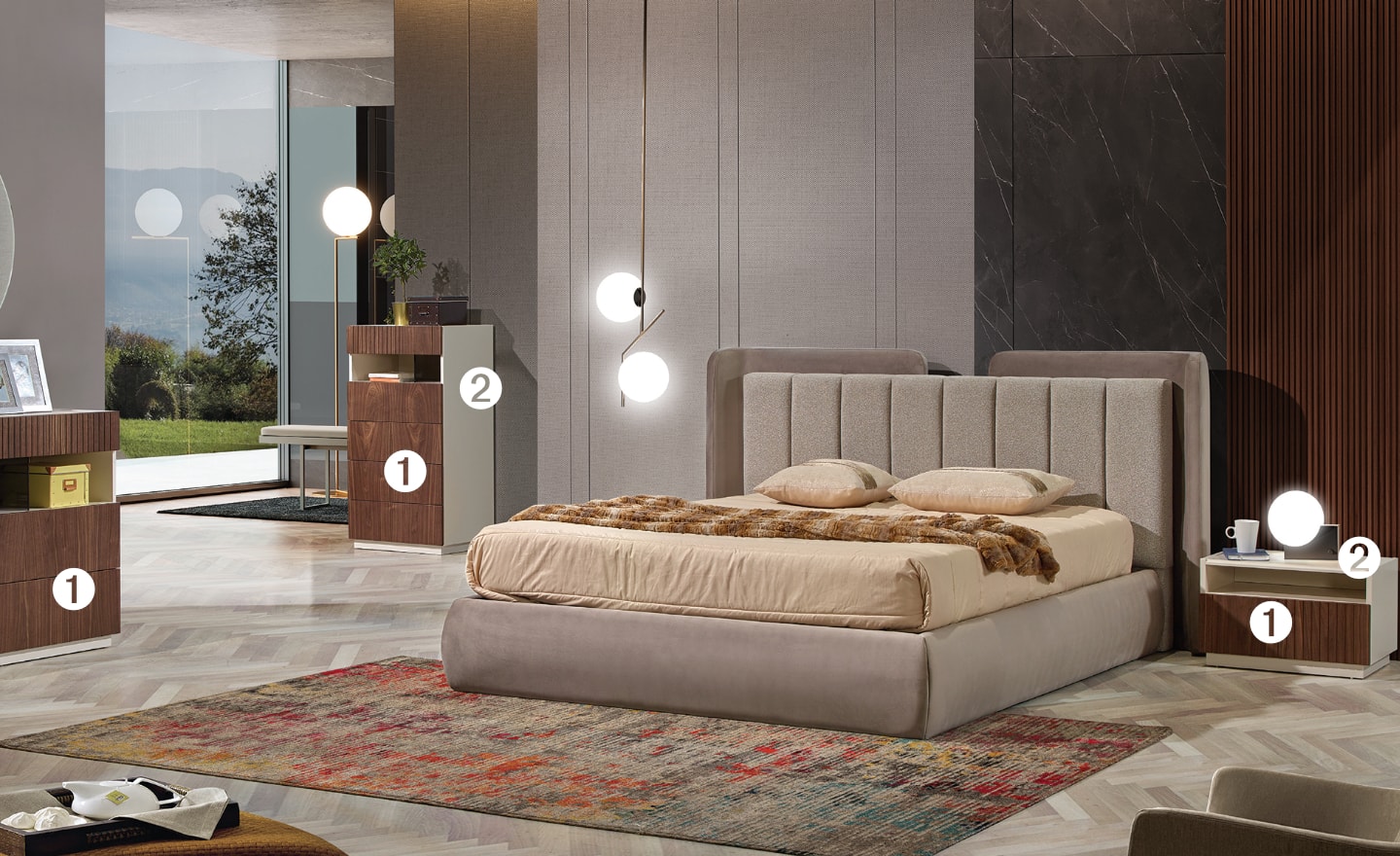 Quarto de Casal Linea Estofado com cabeceira acolchoada e estrutura em MDF