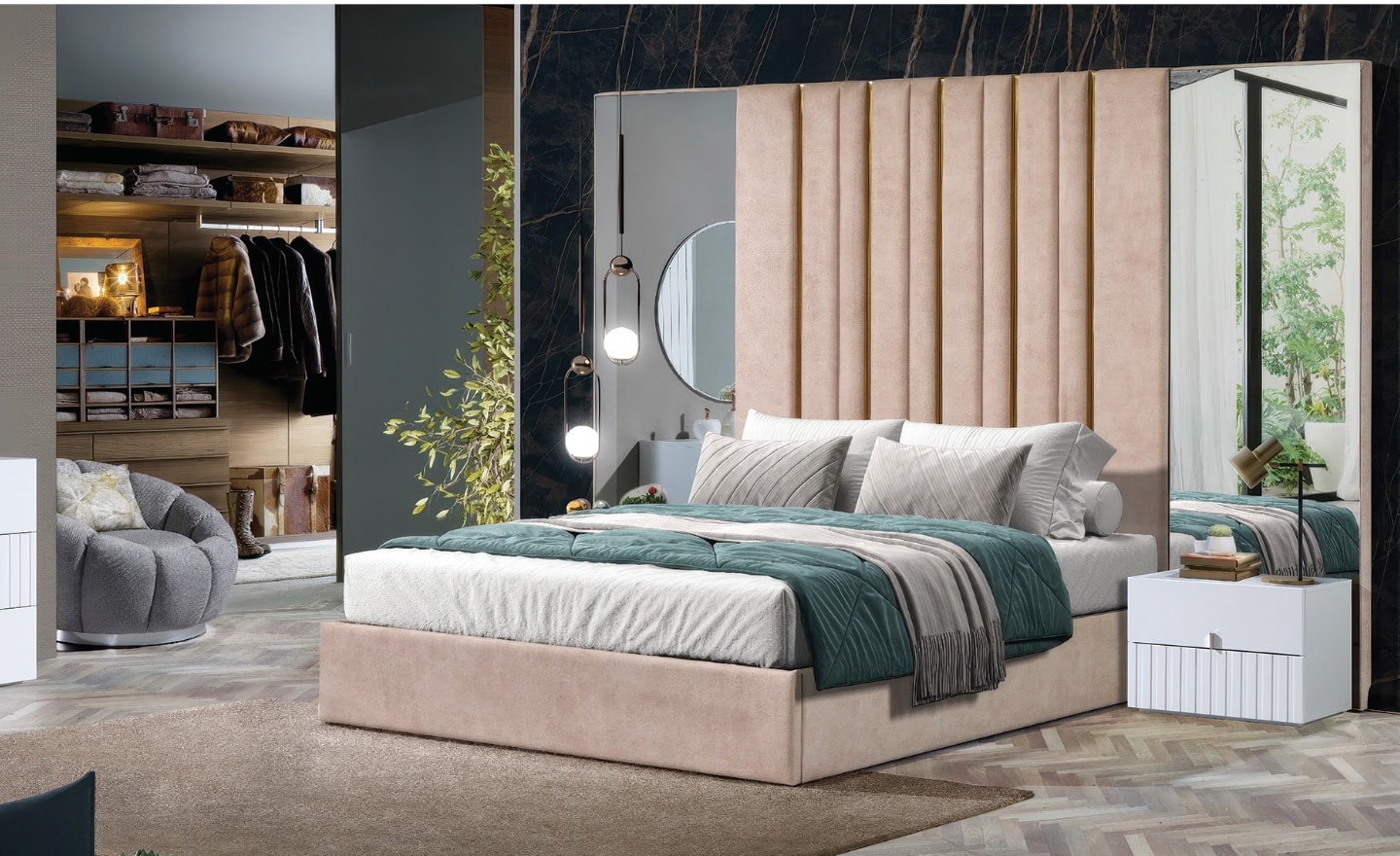 Quarto de Casal Portofino com cabeceira estofada e detalhes metálicos