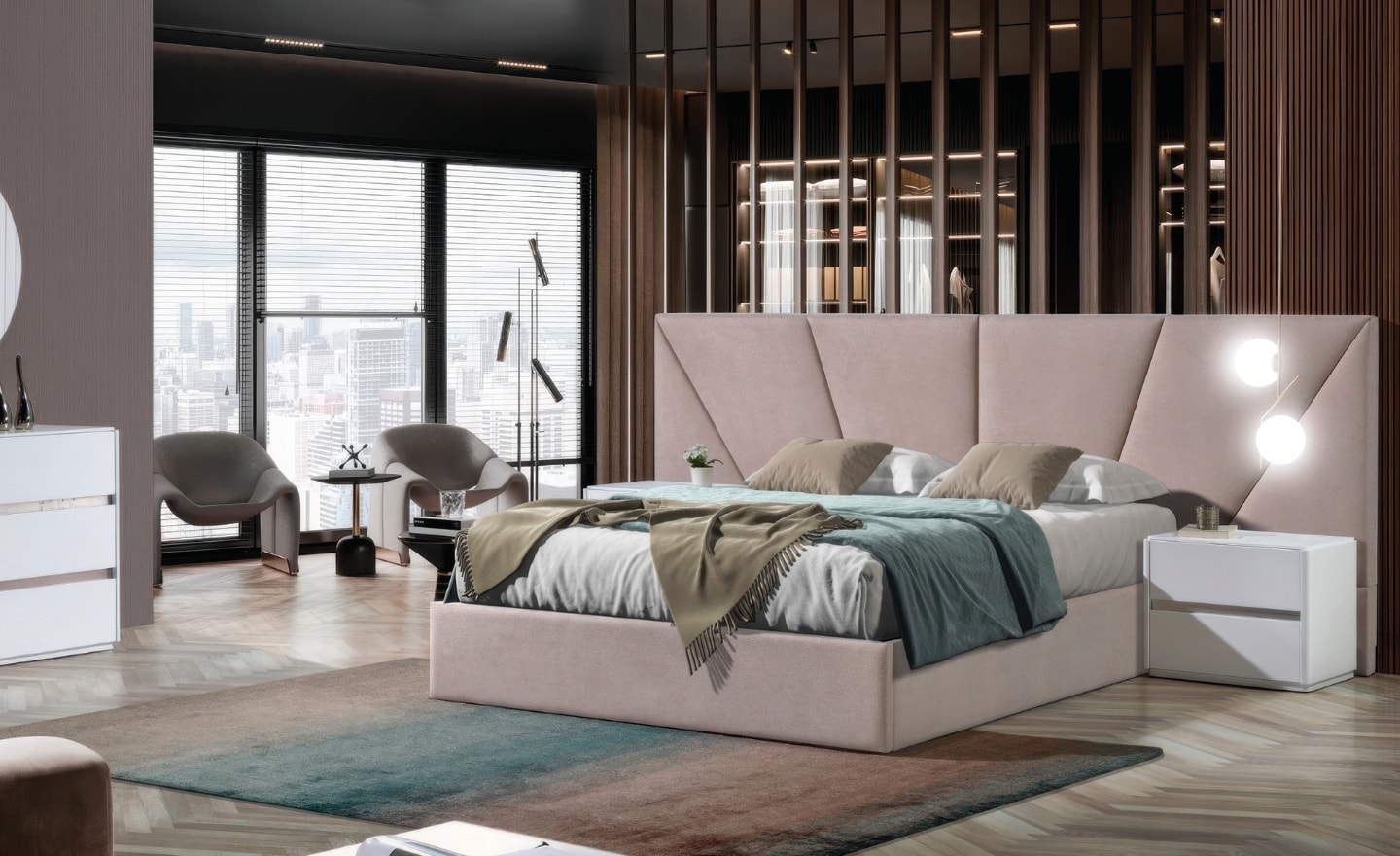 Quarto de Casal Prisma com cabeceira estofada geométrica e design contemporâneo | Moveistore