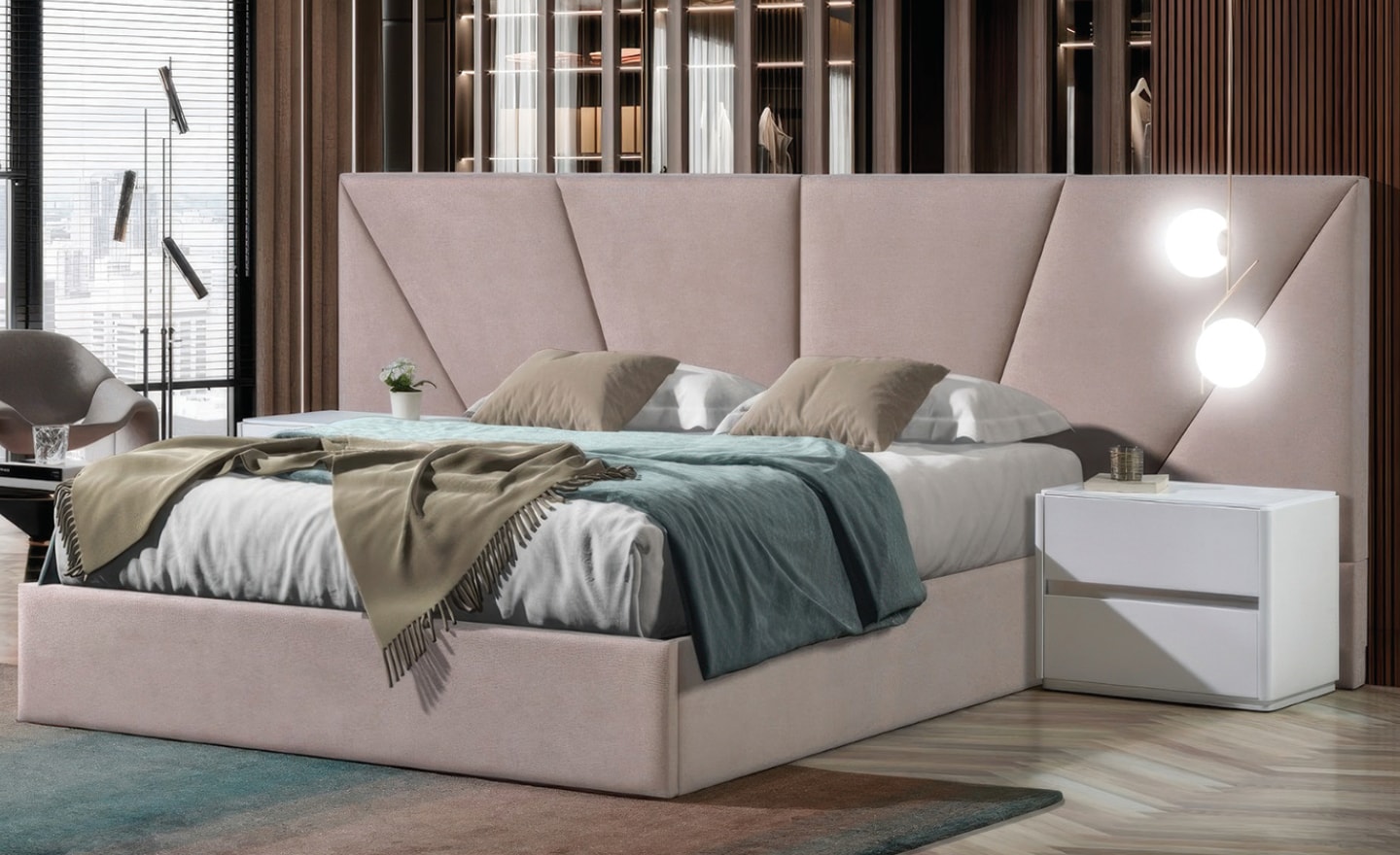 Quarto de Casal Prisma com cabeceira estofada geométrica e design contemporâneo | Moveistore