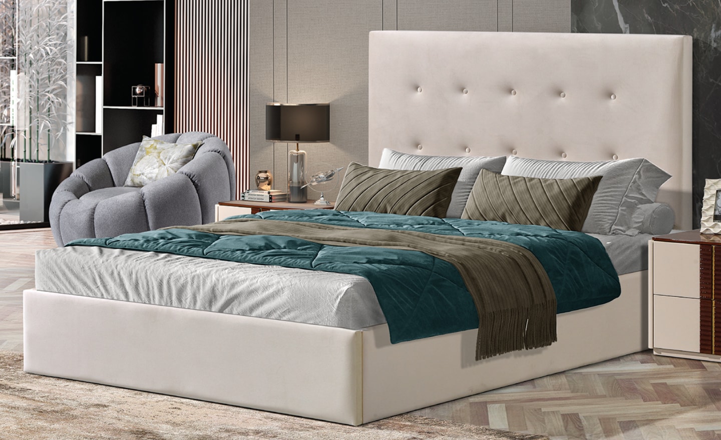 Quarto de Casal Sahara com cabeceira capitonê e estrutura estofada