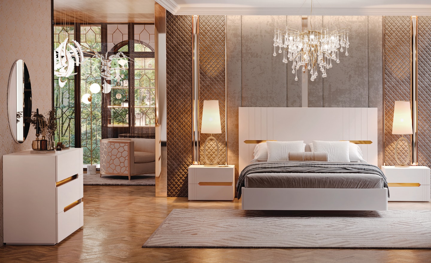 Quarto de Casal Terra Nobre Dourado com cabeceira moderna e detalhes metálicos | Moveistore