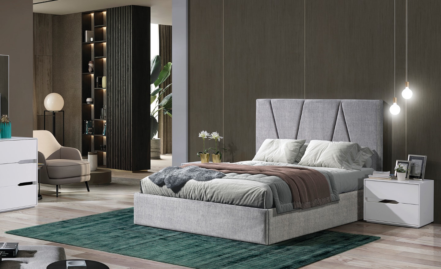 Quarto de Casal Verona Estofado com cabeceira em padrão geométrico