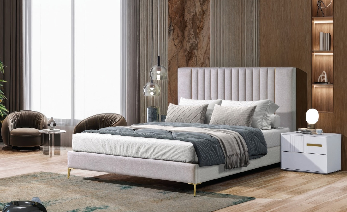 Quarto de Casal Verticalis com cabeceira estofada e pés metálicos | Moveistore