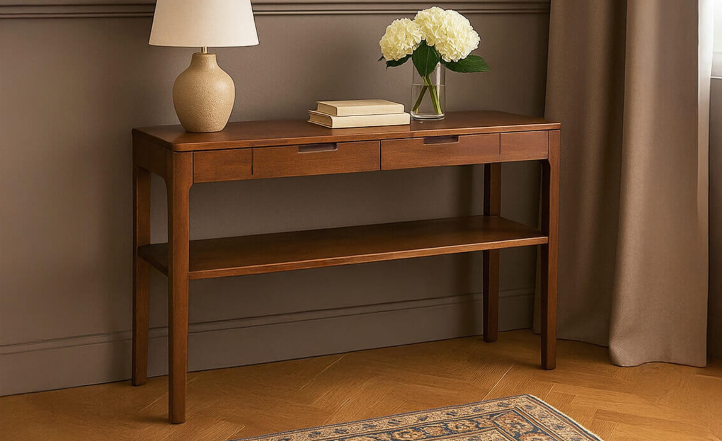 Consola Oporto 2 Gavetas 6110110 em madeira maciça de mogno com prateleira inferior | Moveistore