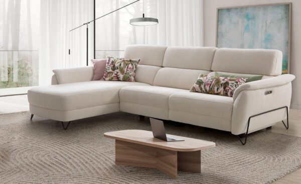 Sofá Relax com Chaise Longue Estela com apoio de cabeça e relax elétrico | Moveistore