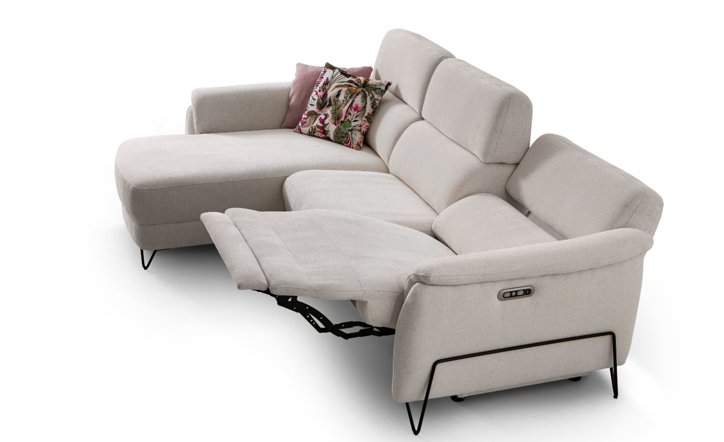 Sofá Relax com Chaise Longue Estela com apoio de cabeça e relax elétrico | Moveistore