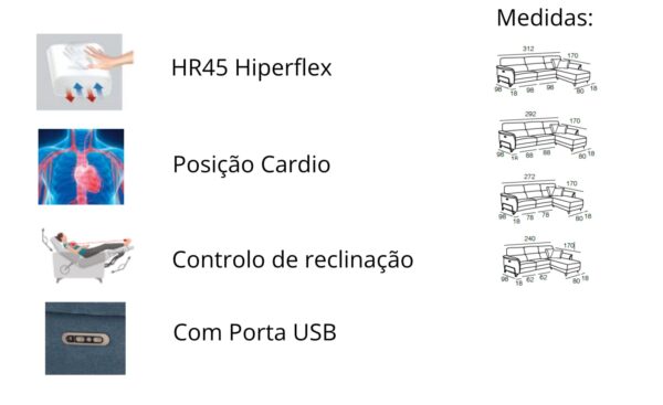 Sofá Relax com Chaise Longue Estela com apoio de cabeça e relax elétrico | Moveistore