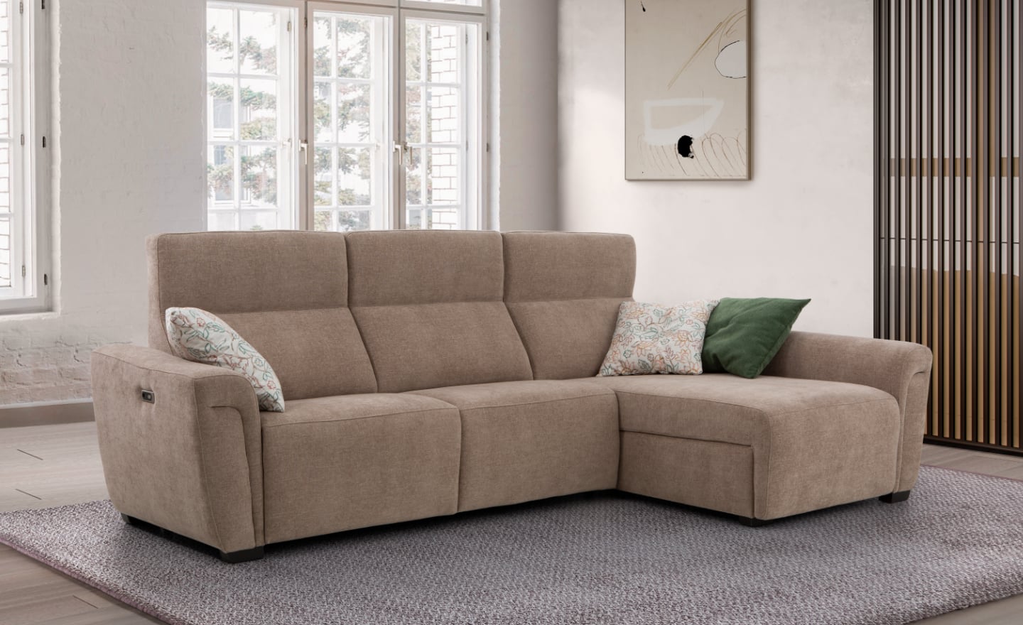 Sofá Relax Chaise Longue Tico com assentos motorizados e arrumação | Moveistore