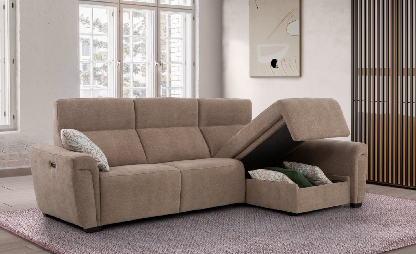 Sofá Relax Chaise Longue Tico com assentos motorizados e arrumação | Moveistore