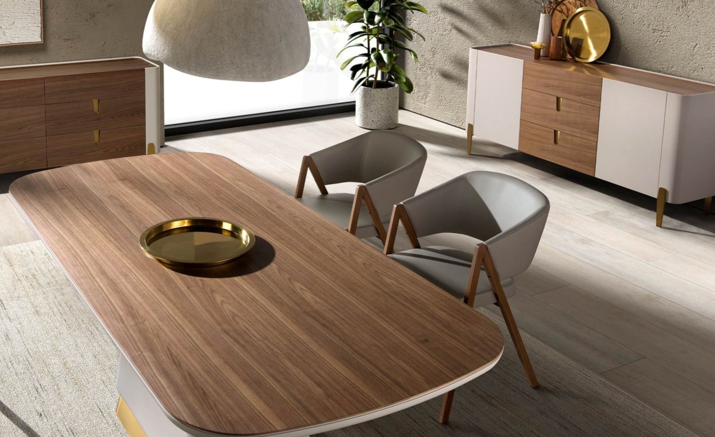 Aparador Aurum 3274 em madeira folheada a nogueira natural com pés em aço dourado e detalhes elegantes | Moveistore