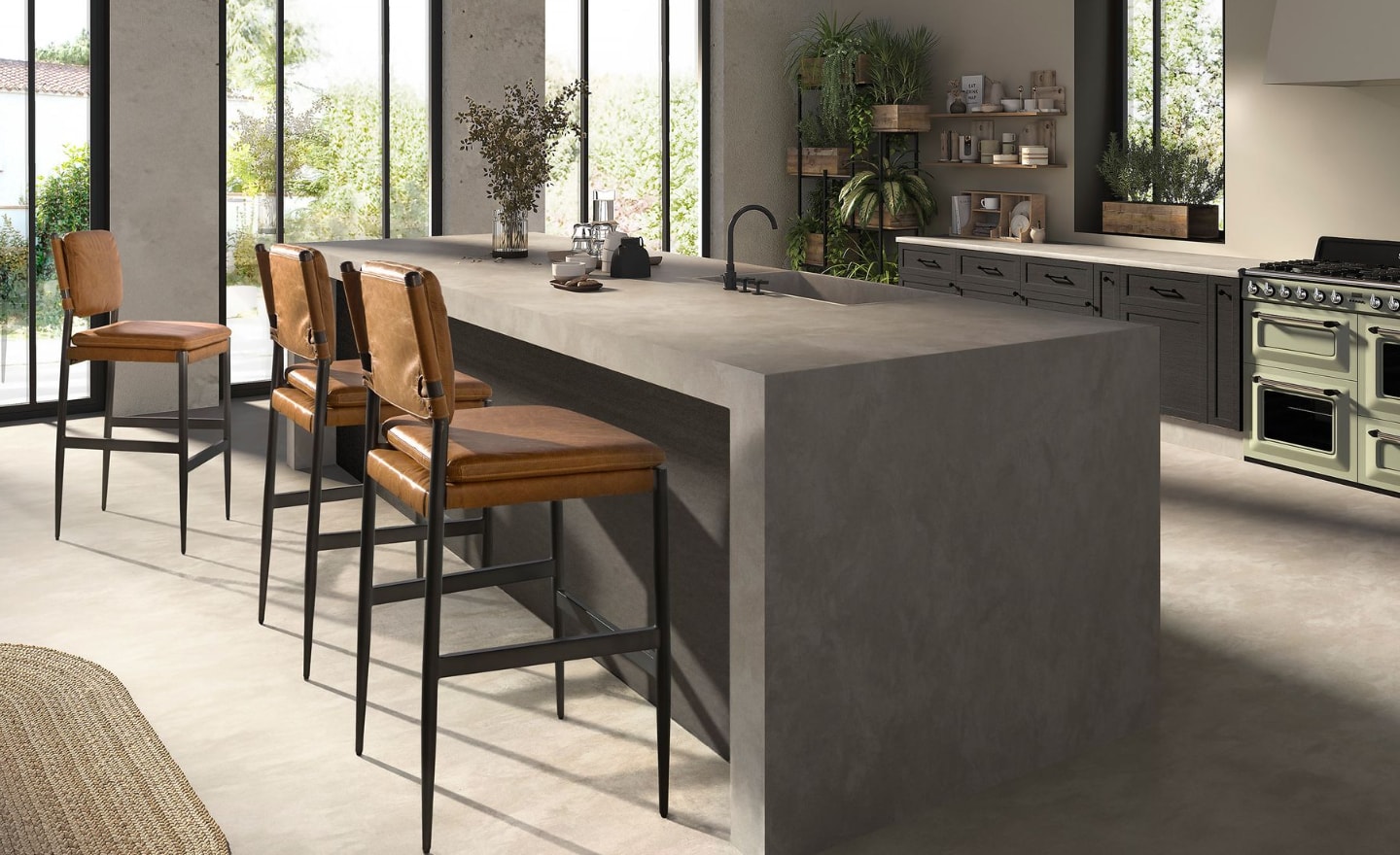 Banco Alto Elor 4167 em pele de vaca castanha com pernas em aço inoxidável escurecido | Moveistore