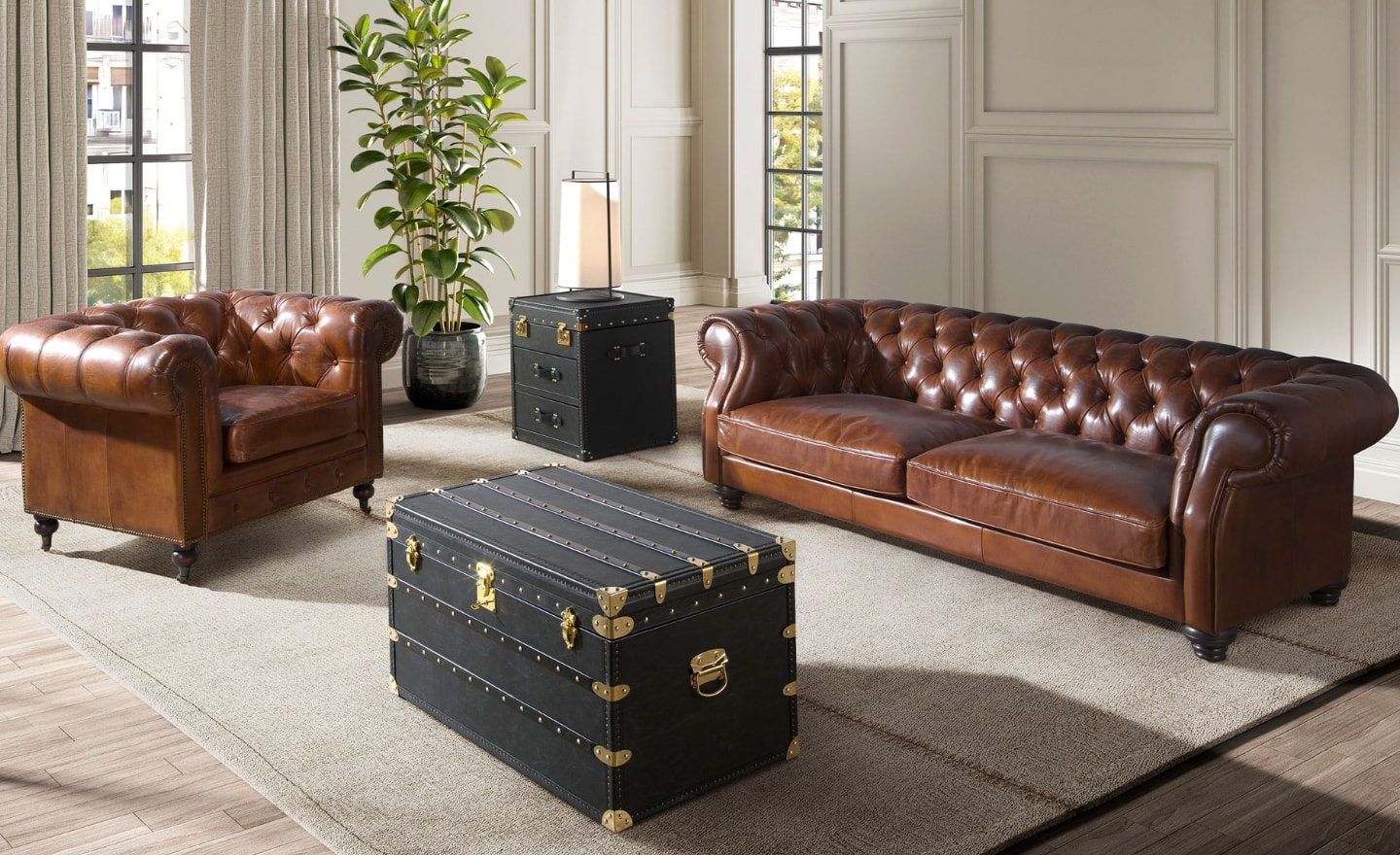 Baú Retangular Bristol 5159 em pele de vaca preta com ferragens douradas | Moveistore