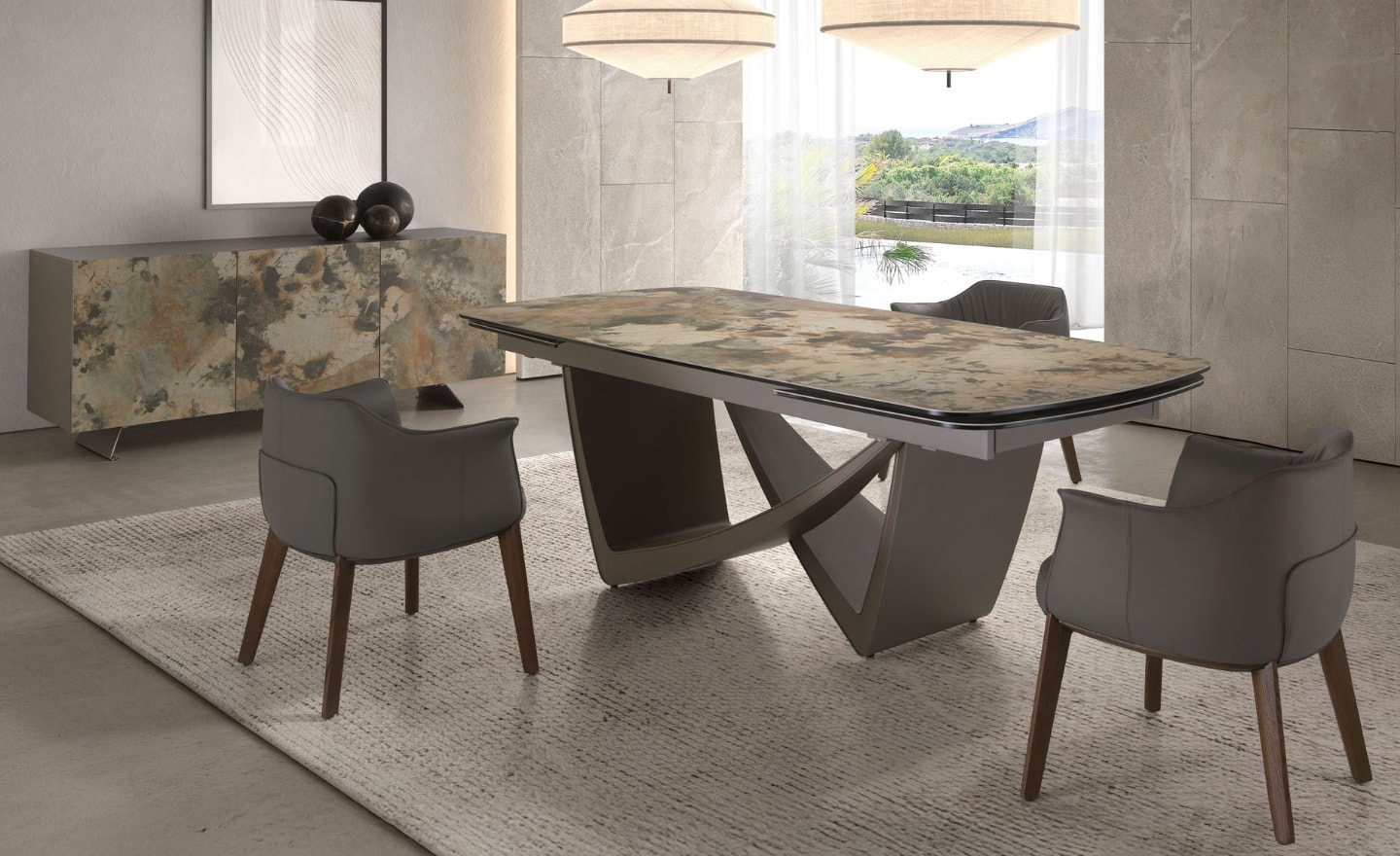 Cadeira Davi 5152 com estofado em couro sintético cinzento e pernas em madeira de nogueira | Moveistore